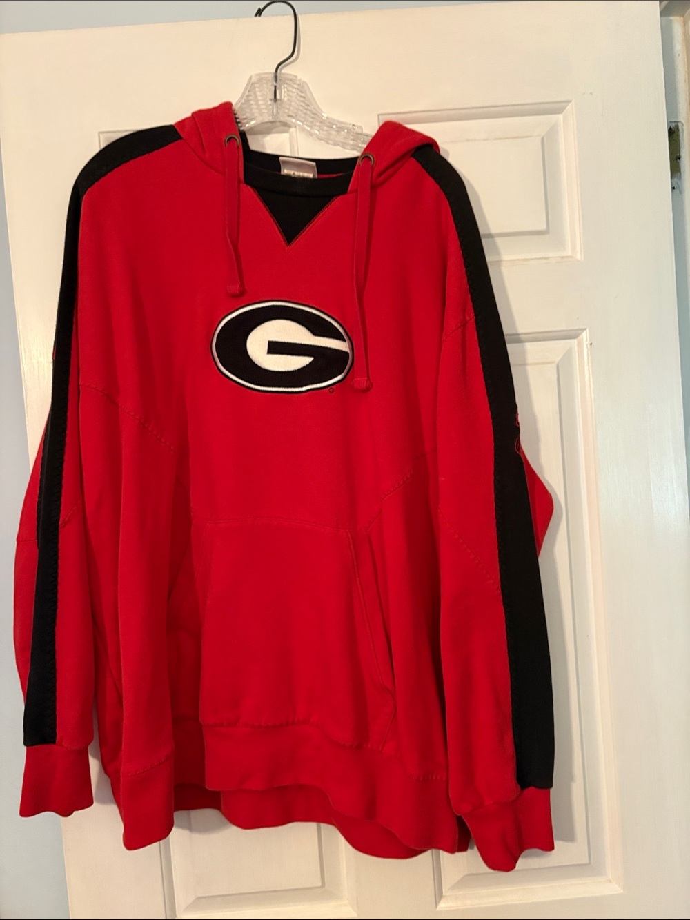 Georgia Red Pullover Hoodie with Black Sleeve Panels and Center G Logo